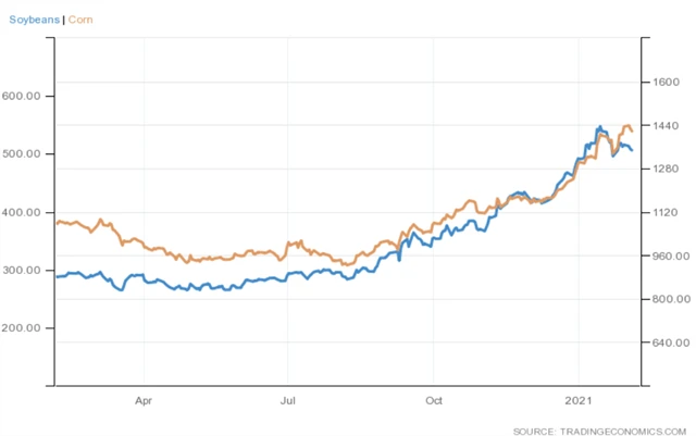 Ceny sójových bobů a kukuřice