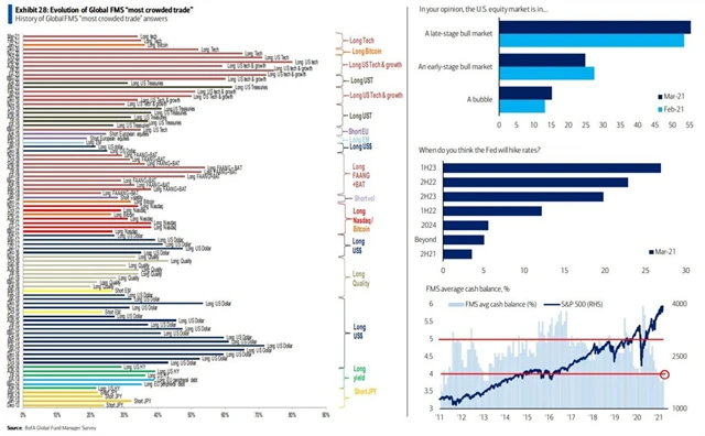 FMS - přecpaný obchod, zvyšování sazeb, hotovost a bublina v USA
