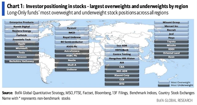 Největší overweight a underweight pozice akciových fondů podle regionů
