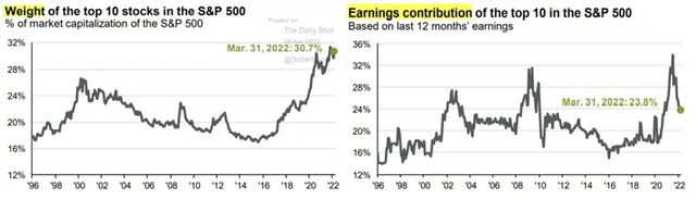 Váha 10 největších titulů v indexu S&P 500 a podíl těchto firem na celkových ziscích