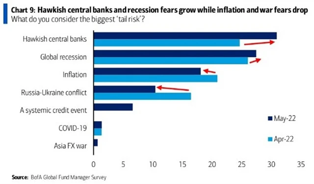 Největší obavy jsou z jestřábích centrálních bank a z recese, obavy z války a samotné inflace klesly.