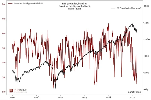 Podíl býků (Investors Intelligence) je velice nízký
