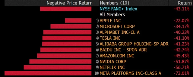 Akcie z indexu NYSE FANG+ v roce 2022