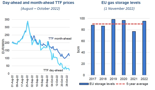 Denní a měsíční ceny plynu a zásoby plynu v EU