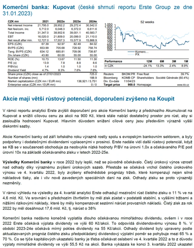 Erste - doporučení na akcie KB (leden 2023) - 1
