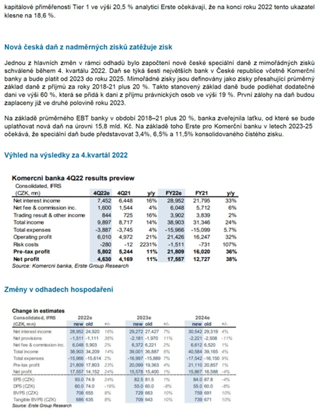 Erste - doporučení na akcie KB (leden 2023) - 2