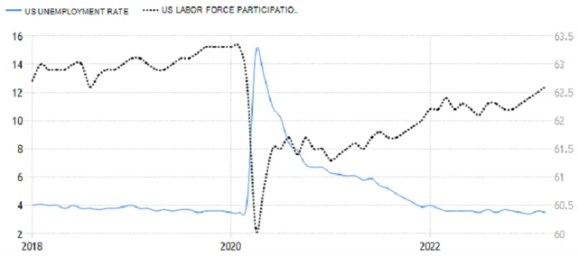 USA - celková míra nezaměstnanosti a míra participace (v %), zdroj: tradingeconomics.com