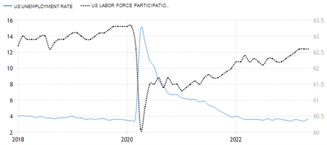 USA - celková míra nezaměstnanosti a míra participace (v %), zdroj: tradingeconomics.com