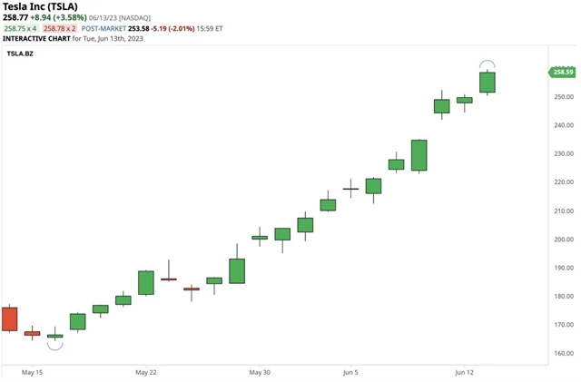 Tesla - 13 denních růstů v řadě