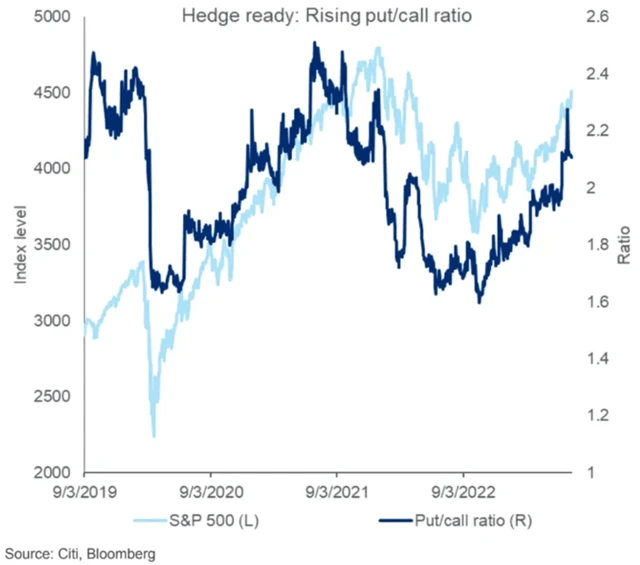 S&P 500 - put/call ratio na vzestupu