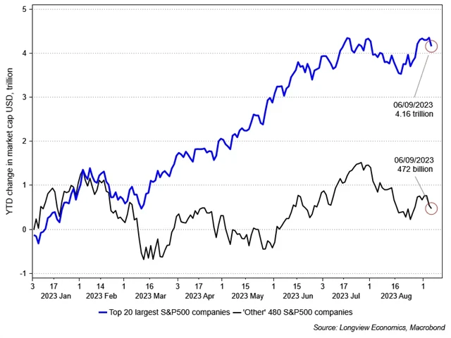 S&P 500 - letošní výkon 20 největších titulů a zbytku firem
