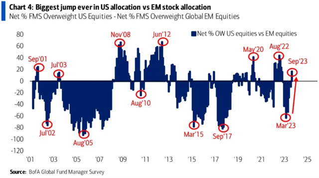 Výrazný nárůst podílu USA oproti podílu emerging markets v rámci akciové alokace