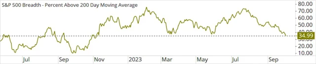 S&P 500 - podíl titulů nad 200denním klouzavým průměrem