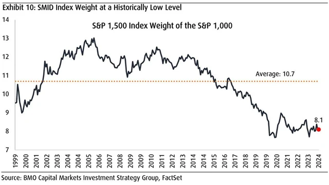 Podíl středních a malých firem v indexu S&P 1500 je velice nízký