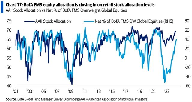 Manažeři fondů se přibližují akciovou alokací individuálním investorům v USA
