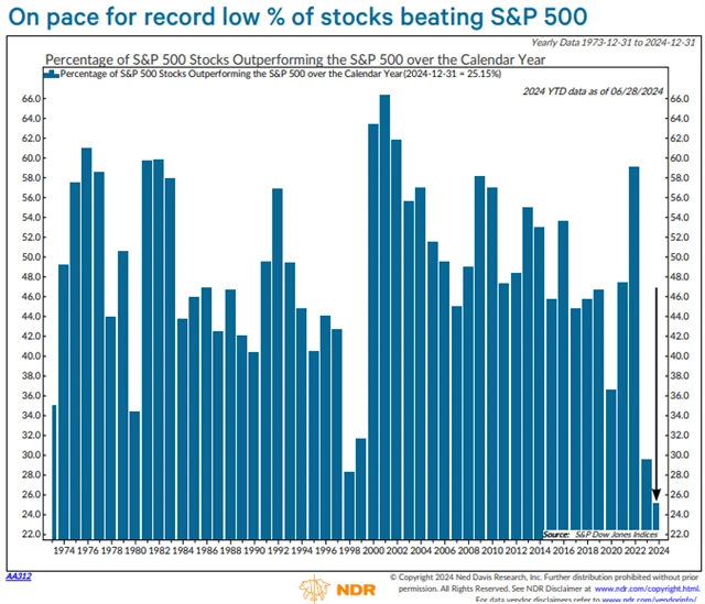 S&P 500 - podíl titulů, které v prvním pololetí překonaly výkonnost indexu