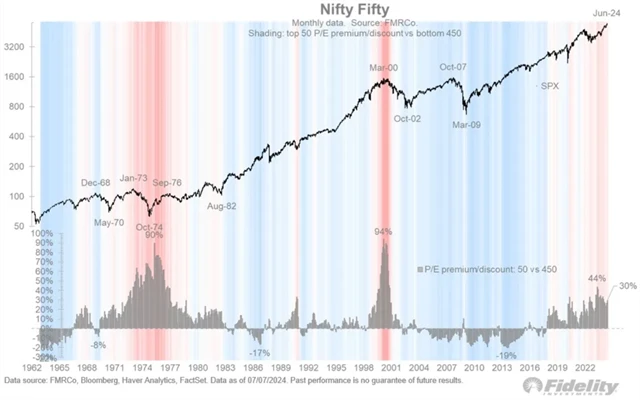 S&P 500 - ocenění top 50 vs. 450