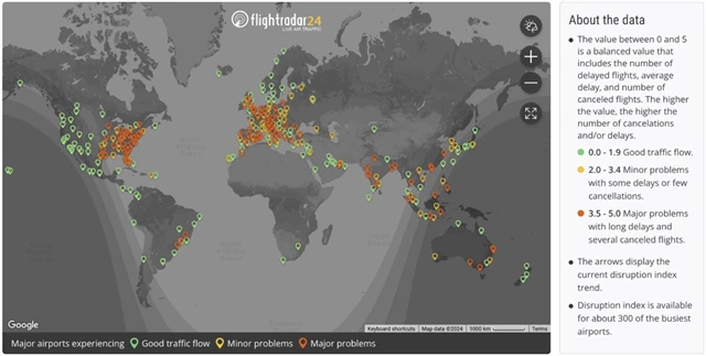Problémy na letištích krátce před 13.45, zdroj: Flightradar24