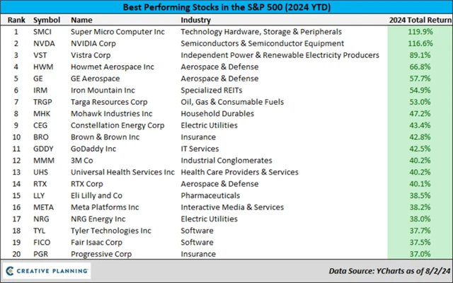 S&P 500 - nejvíce výkonné akcie roku 2024