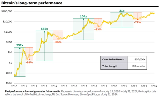 Bitcoin - dlouhodobý vývoj ceny v amerických dolarech