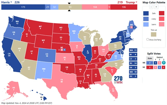 Očekávané výsledky prezidentských voleb v jednotlivých státech podle předvolebních průzkumů, zdroj: 270towin