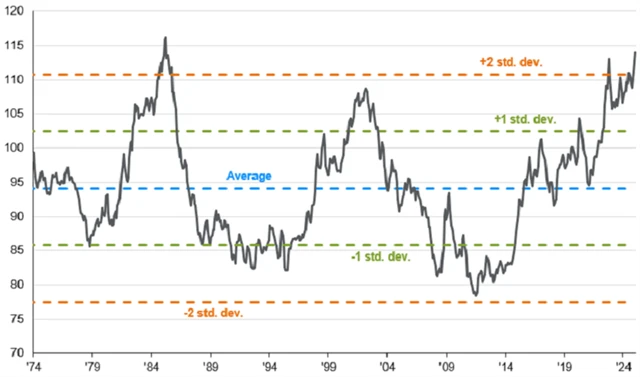 Tzv. REER (široký dolarový index), zdroj: JPMorgan Chase