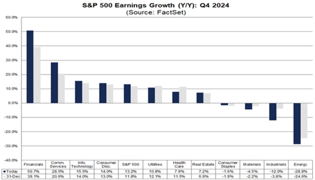 S&P 500 - meziroční růst zisků ve 4Q2024 (data k 31. lednu 2025)