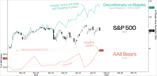 S&P 500, podíl medvědů v průzkumu AAII a nadvýkonnost rizikovějších spotřebitelských společností
