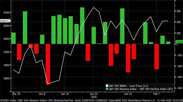 S&P 500 a počty rostoucích a klesajících titulů