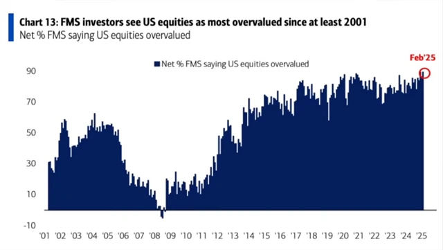 BoA FMS únor 2025 - nadhodnocené americké akcie