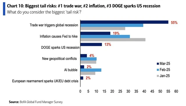BofA FMS březen 2025 - největší okrajová rizika