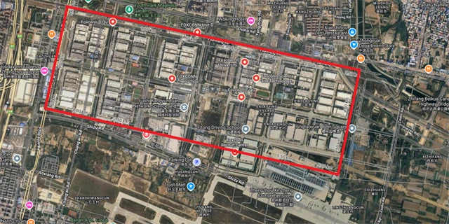 Výrobní areál Foxconnu v čínském Čeng-čou, zdroj: Google Maps