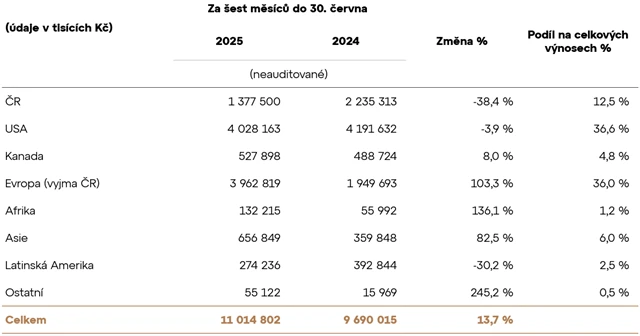 Výnosy skupiny podle regionů