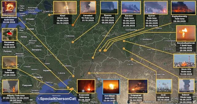 Útoky Ukrajiny na ruské rafinérie od začátku srpna