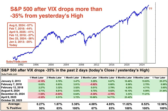 S&P 500 - výkonnost po dvoudenním propadu VIX o alespoň 35 %