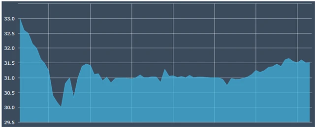 Vývoj ceny akcií na amsterdamské burze (v eurech, k 10.30)