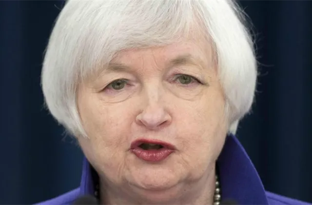 Janet Yellenová na tiskové konferenci k zasedání FOMC (16. prosince 2015)