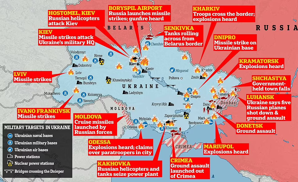 Místa útoků ruské armády, zdroj: Daily Mail