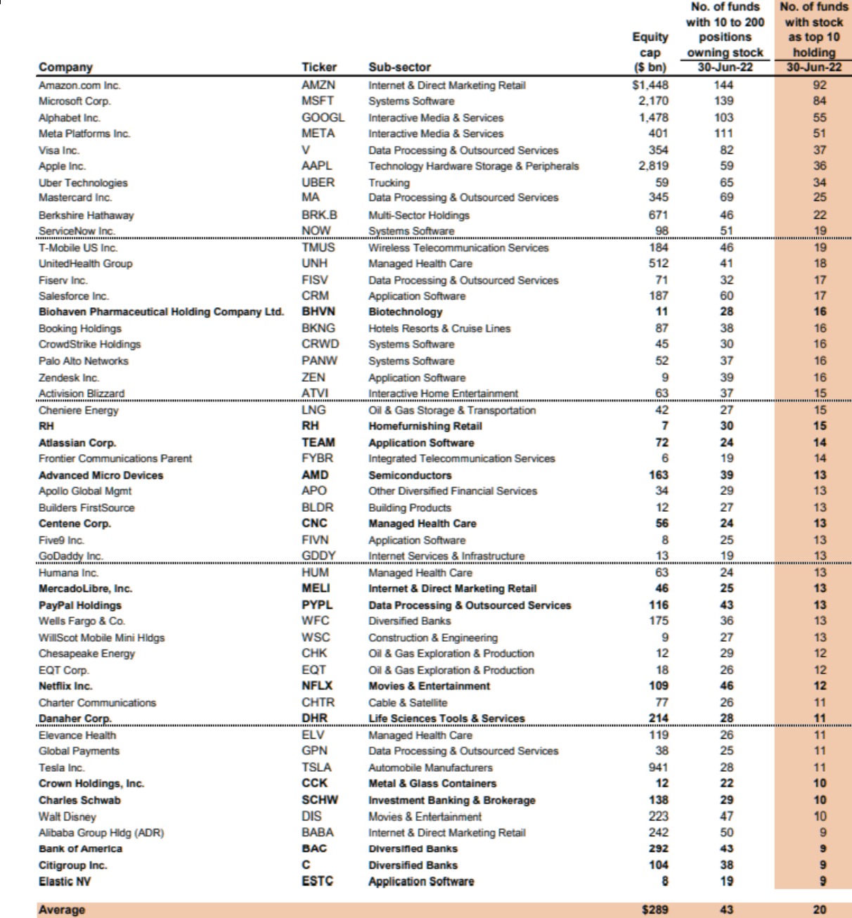 TOP 50 akciových pozic hedgeových fondů
