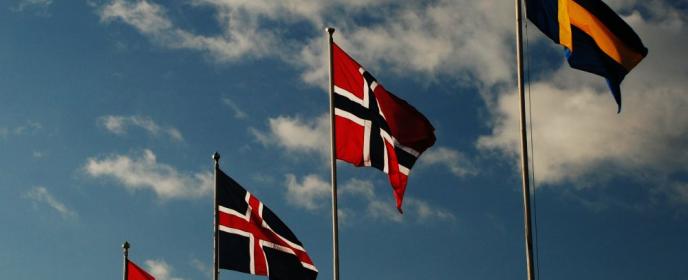 Skandinávie, Norsko, Švédsko, Dánsko, Finsko, Island, vlajky - ilustrační foto