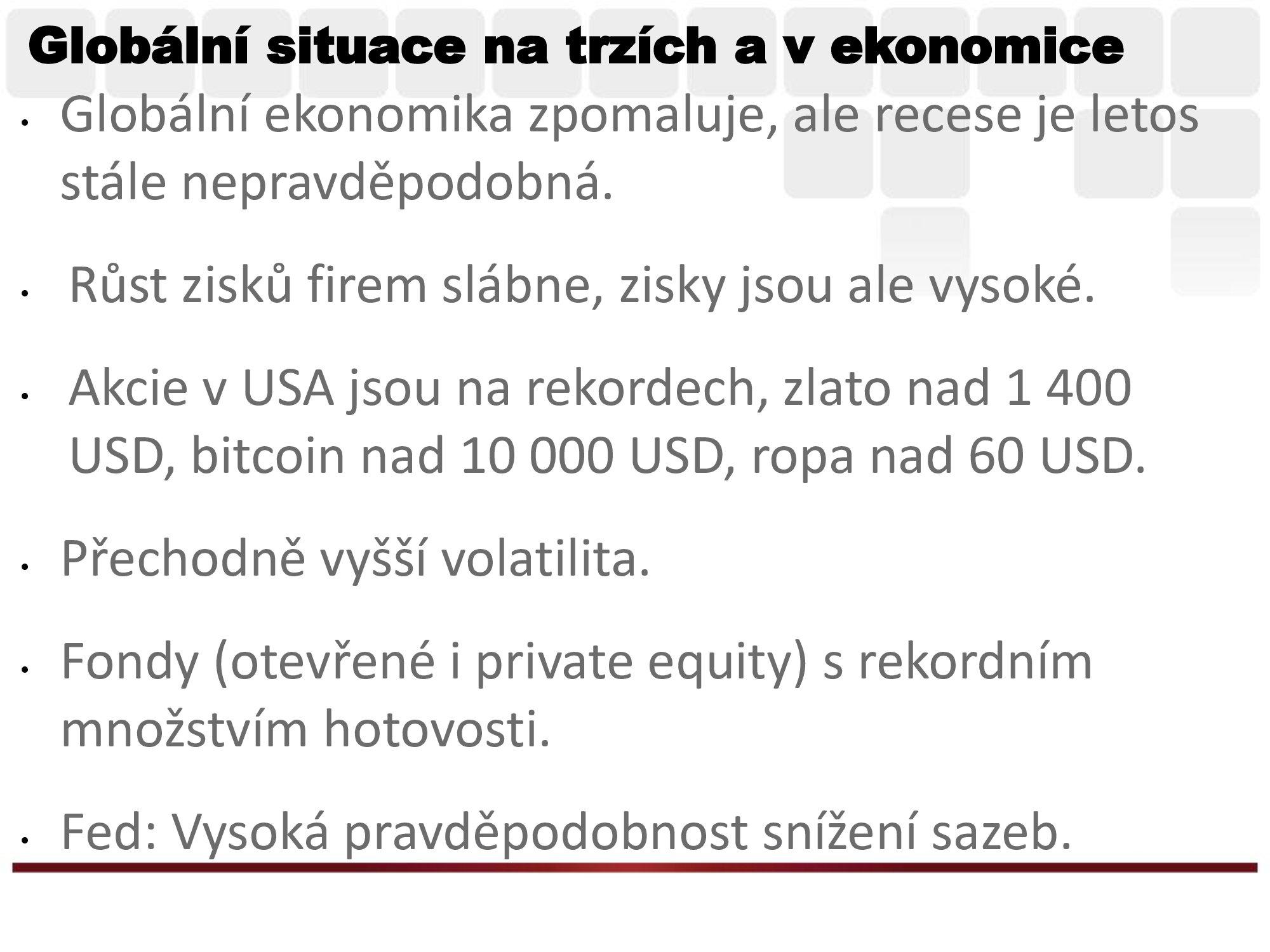 Globální situace: Recese bezprostředně nehrozí, centrální banky se chystají uvolňovat měnovou politiku